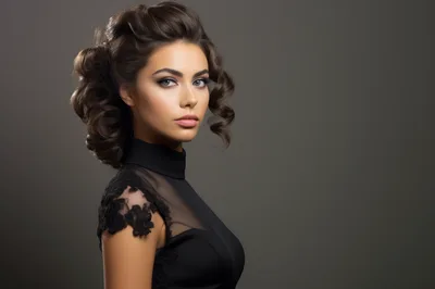 Elegant Woman With Curly Hair In Black Lace Dress