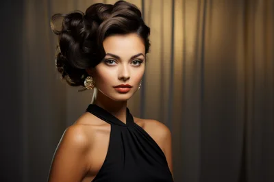 Elegant Woman With Vintage Hairstyle In Black Dress