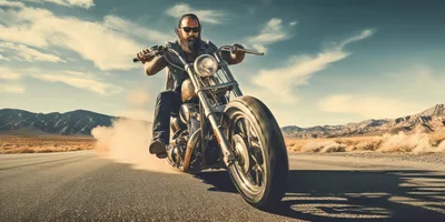 Biker Riding A Custom Chopper Motorcycle On Desert Road