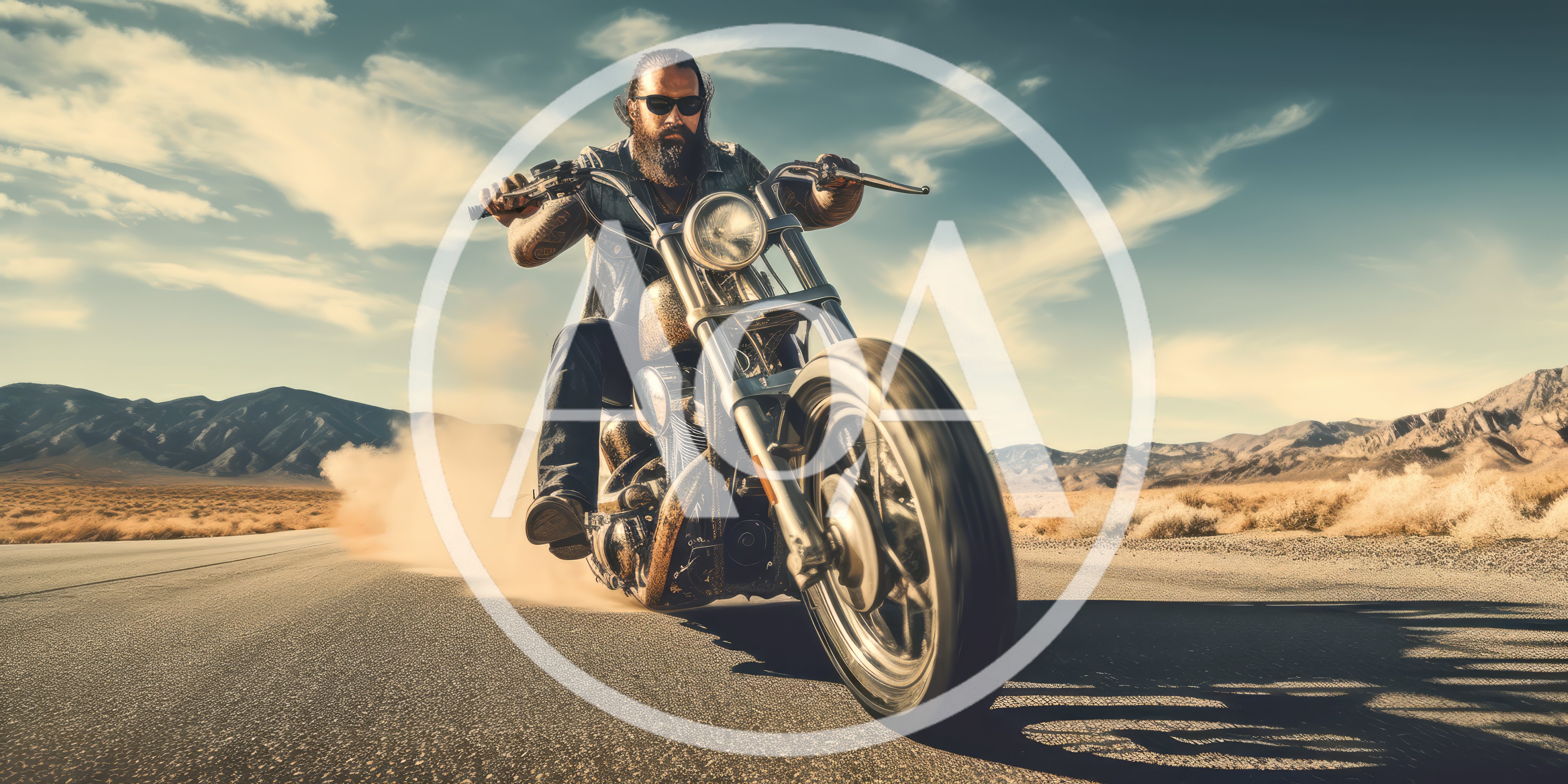 Biker Riding A Custom Chopper Motorcycle On Desert Road