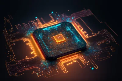 Digital Microchip Processor On Glowing Circuit Board