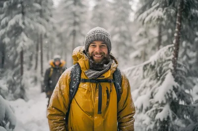 Smiling Hiker Wearing Yellow Jacket In Snowy Forest