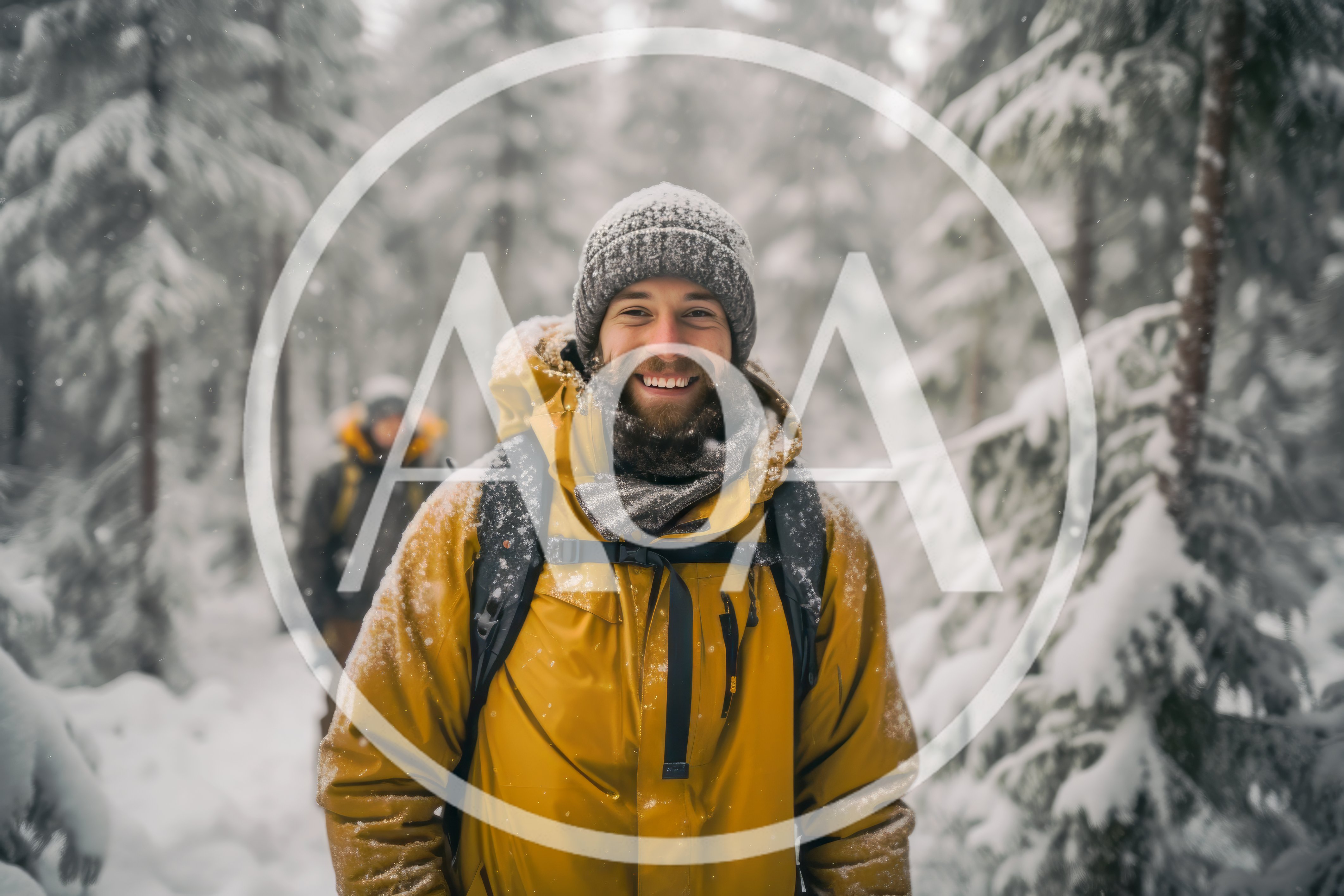 Smiling Hiker Wearing Yellow Jacket In Snowy Forest