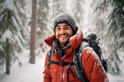 Smiling Hiker Wearing Winter Gear In Snowy Forest