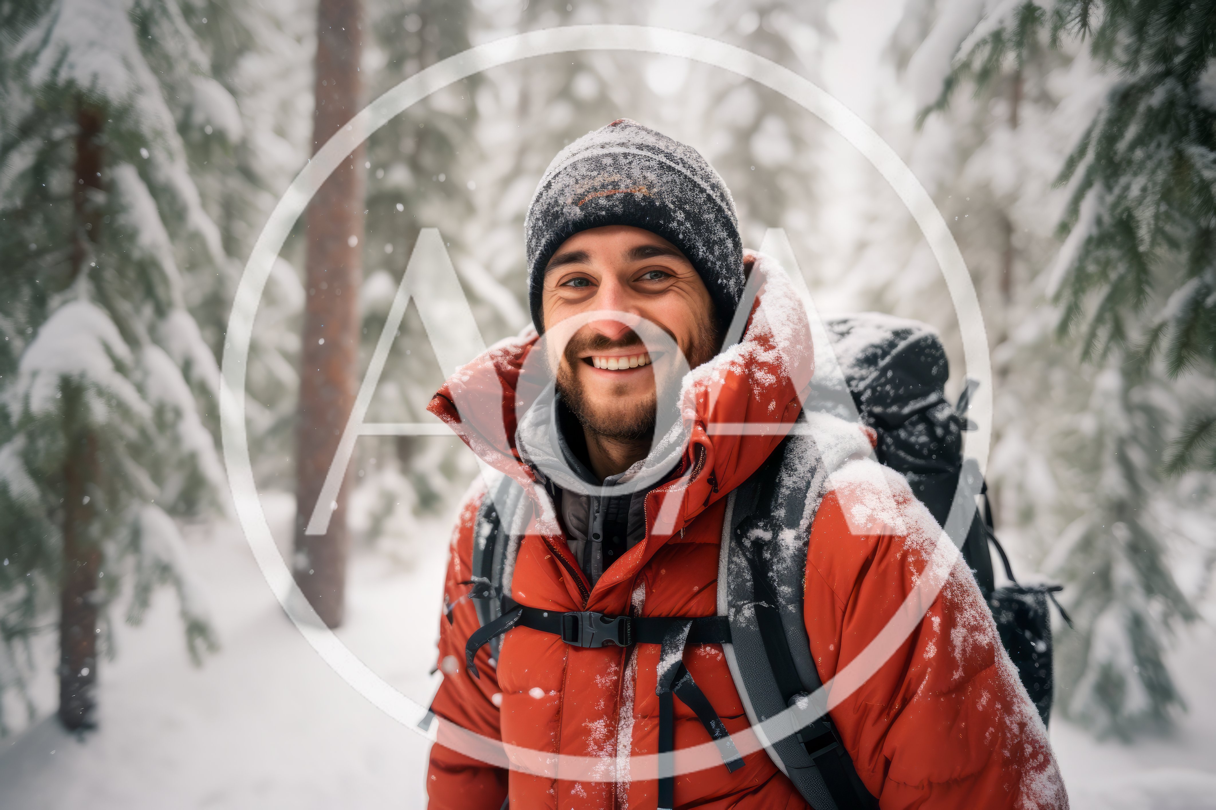 Smiling Hiker Wearing Winter Gear In Snowy Forest