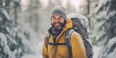 Smiling Hiker With Backpack In Snowy Forest
