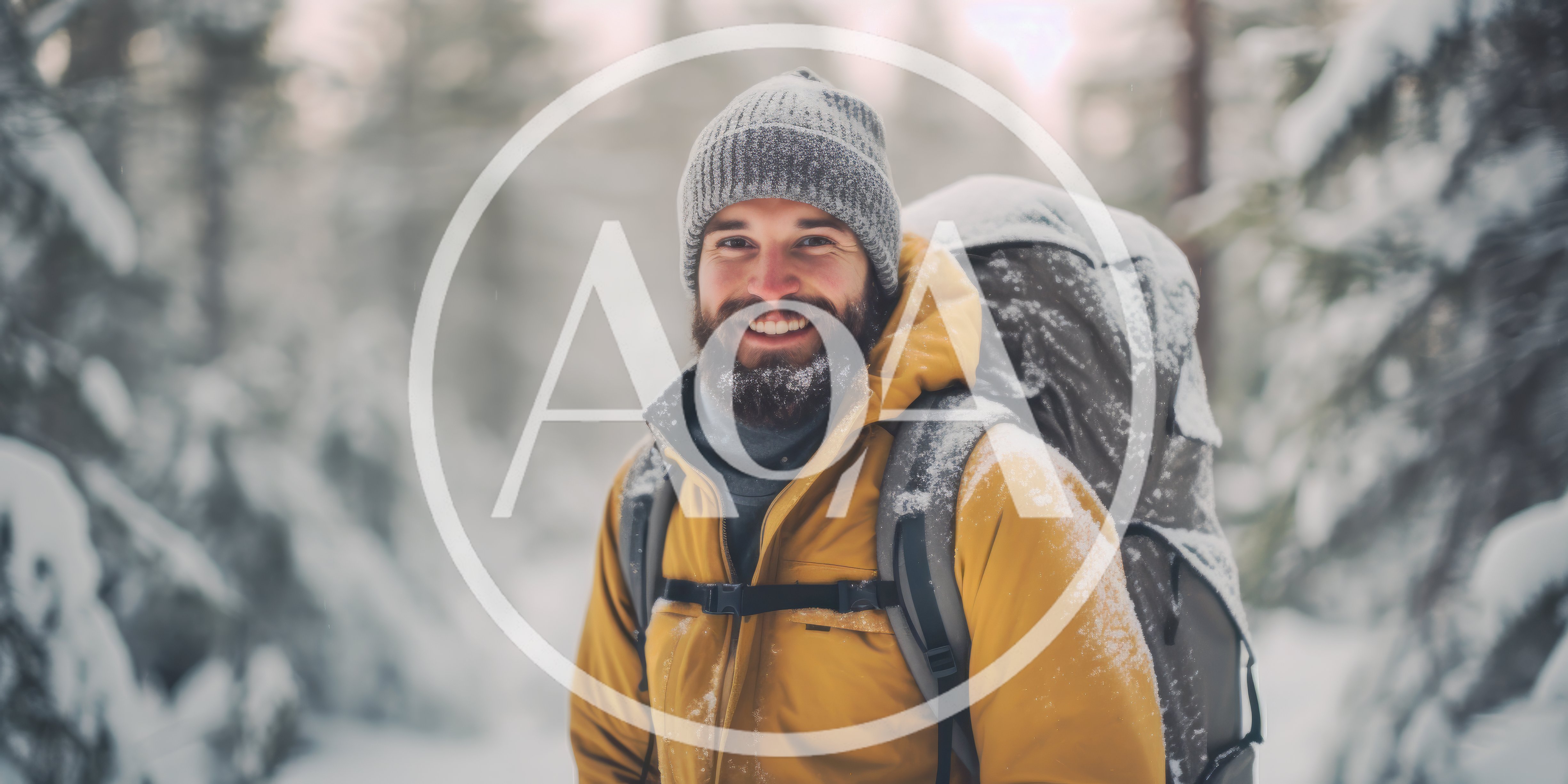 Smiling Hiker With Backpack In Snowy Forest