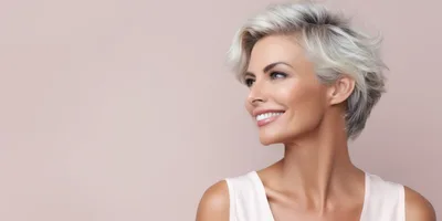 Portrait Of A Smiling Woman With Short Silver Hair