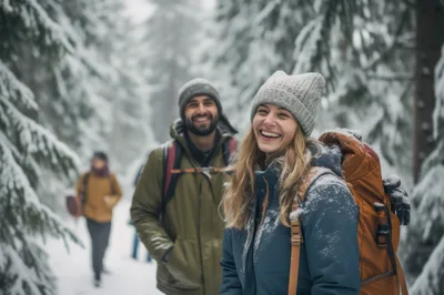Happy Hikers Walking Through Snowy Pine Forest