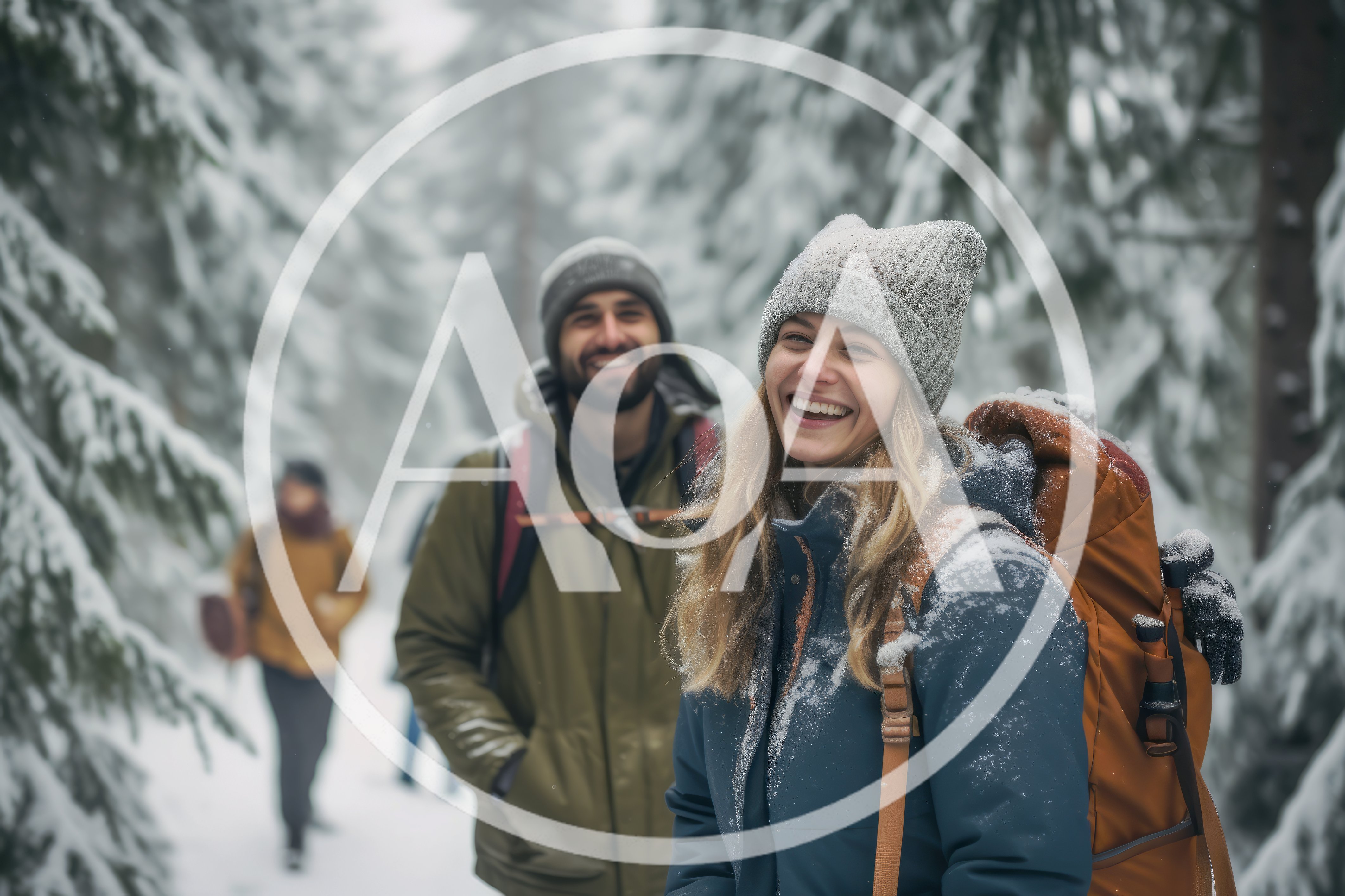 Happy Hikers Walking Through Snowy Pine Forest