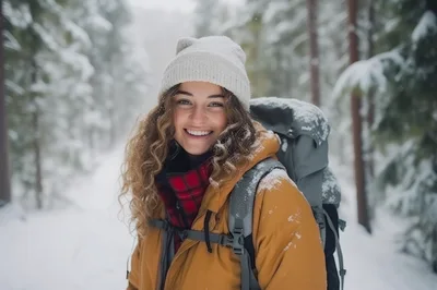 Smiling Woman Hiking Through Snowy Winter Forest