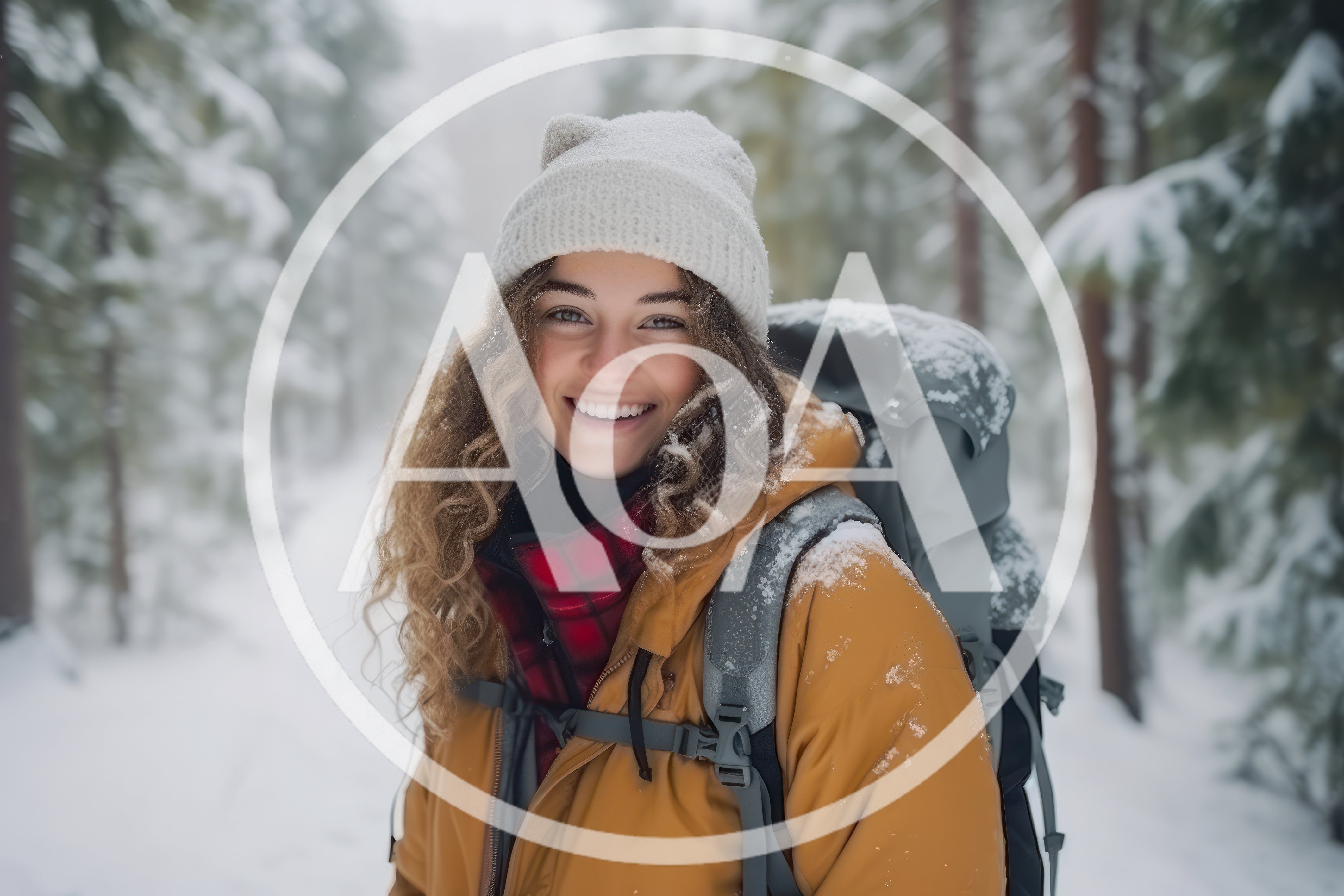 Smiling Woman Hiking Through Snowy Winter Forest
