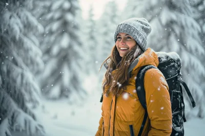 Young Woman Hiking Through Snowy Winter Forest