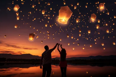 Couple Releasing Sky Lanterns Over A Lake At Sunset