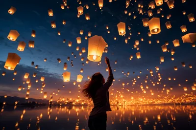 Woman Releasing Glowing Sky Lanterns Over Water