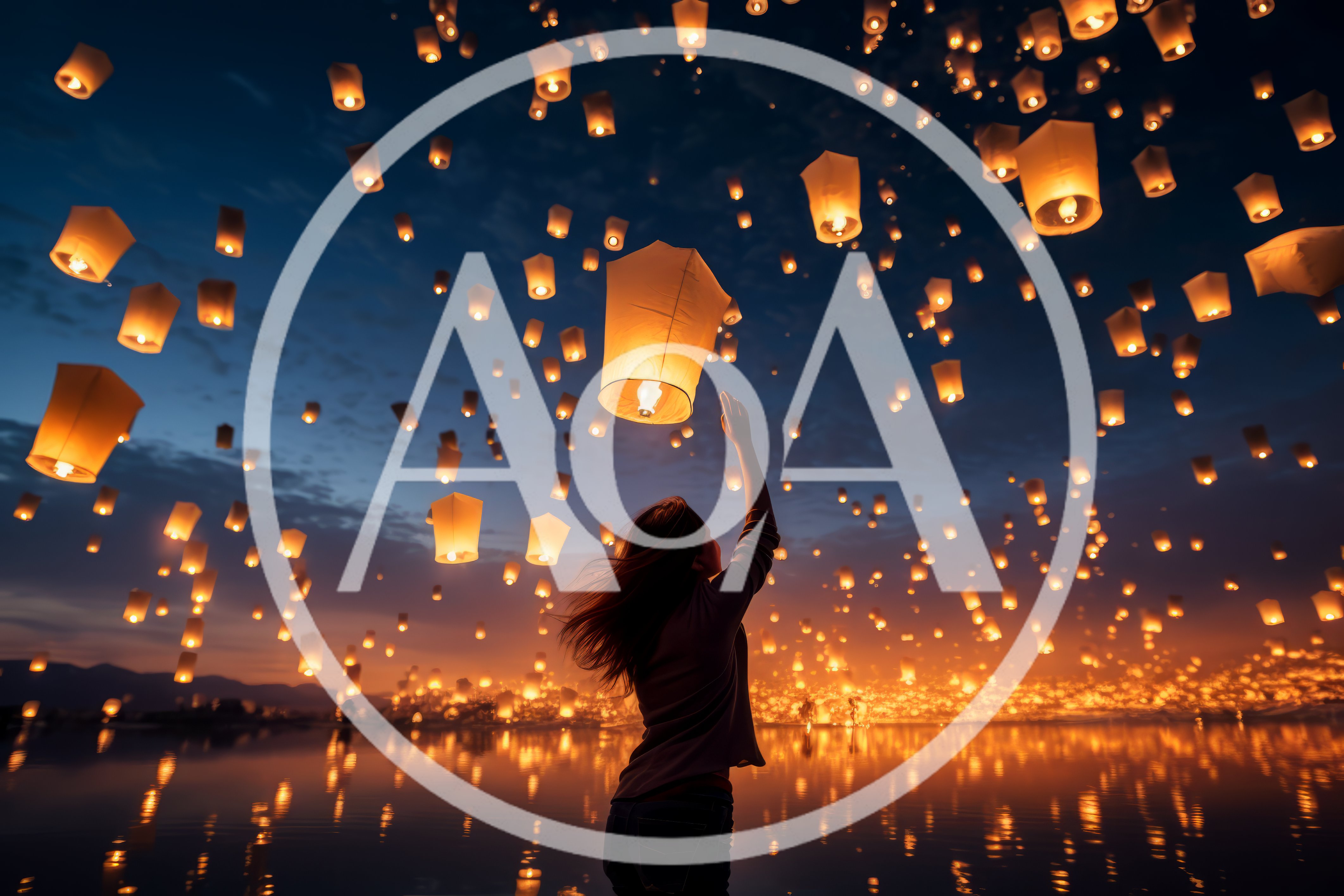 Woman Releasing Glowing Sky Lanterns Over Water