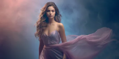 Young Woman In Flowing Dress Amidst Ethereal Smoke