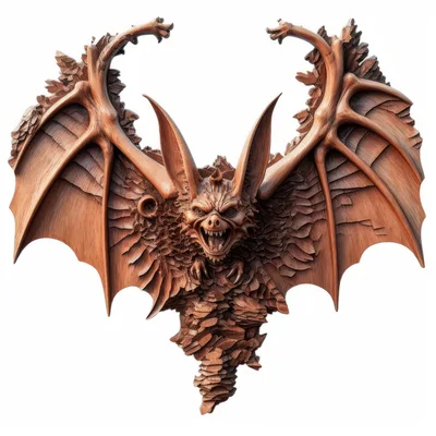Intricate Wooden Carving Of A Ferocious Bat