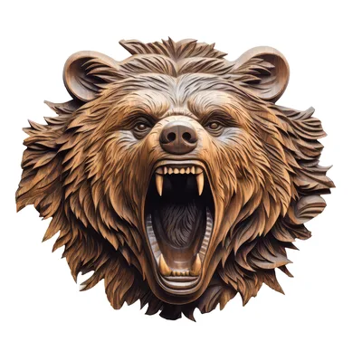 Intricate Wooden Carving Of A Roaring Grizzly Bear