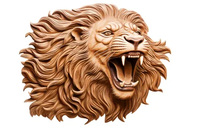 Intricate Wooden Carving Of A Roaring Lion Head