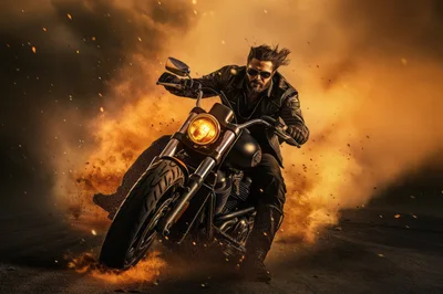Biker Riding Motorcycle Through Explosive Fire and Smoke