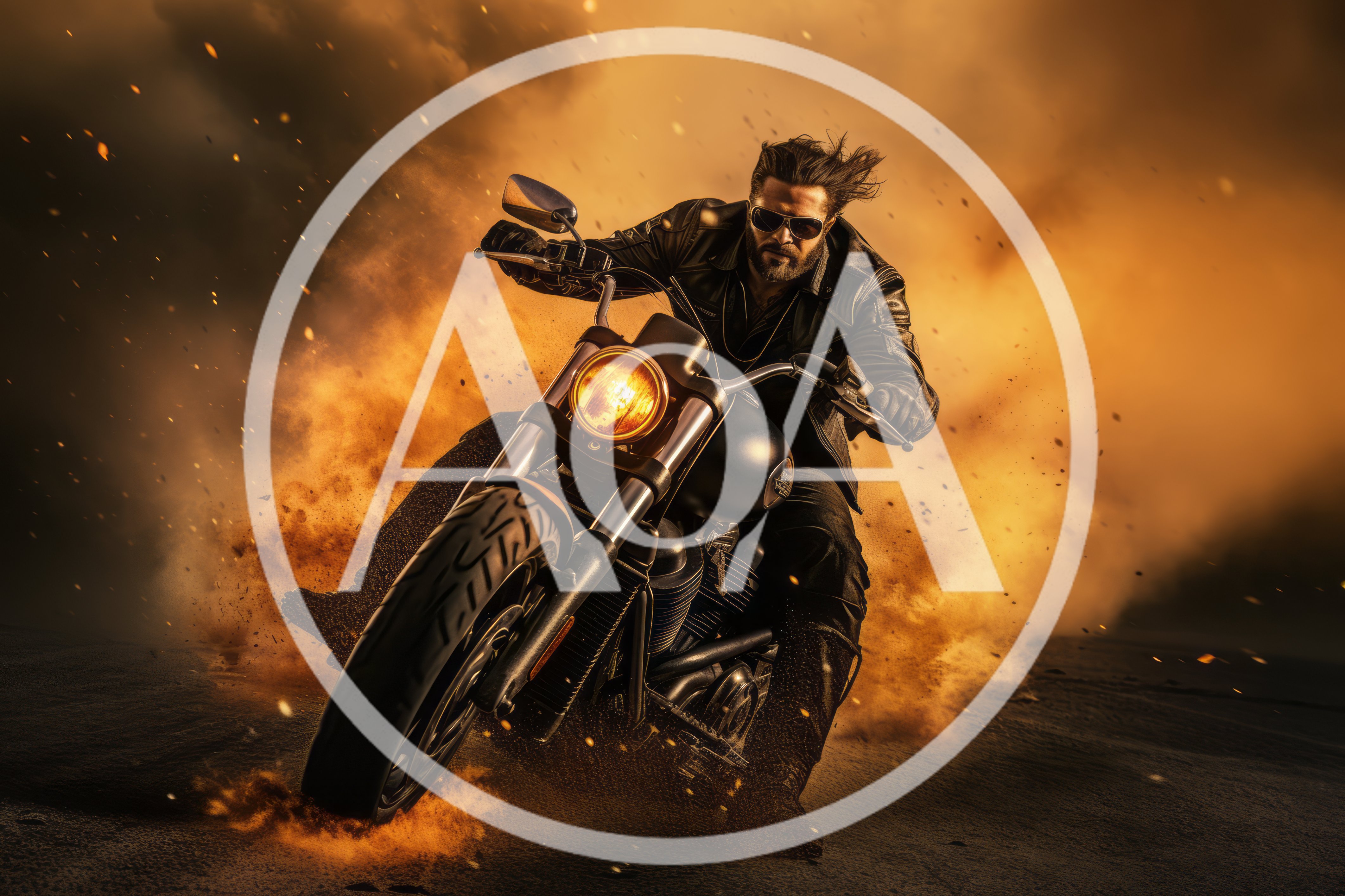 Biker Riding Motorcycle Through Explosive Fire and Smoke