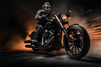 Biker Riding A Custom Cruiser Motorcycle At Night