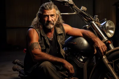 Rugged Biker Man Posing With His Vintage Motorcycle