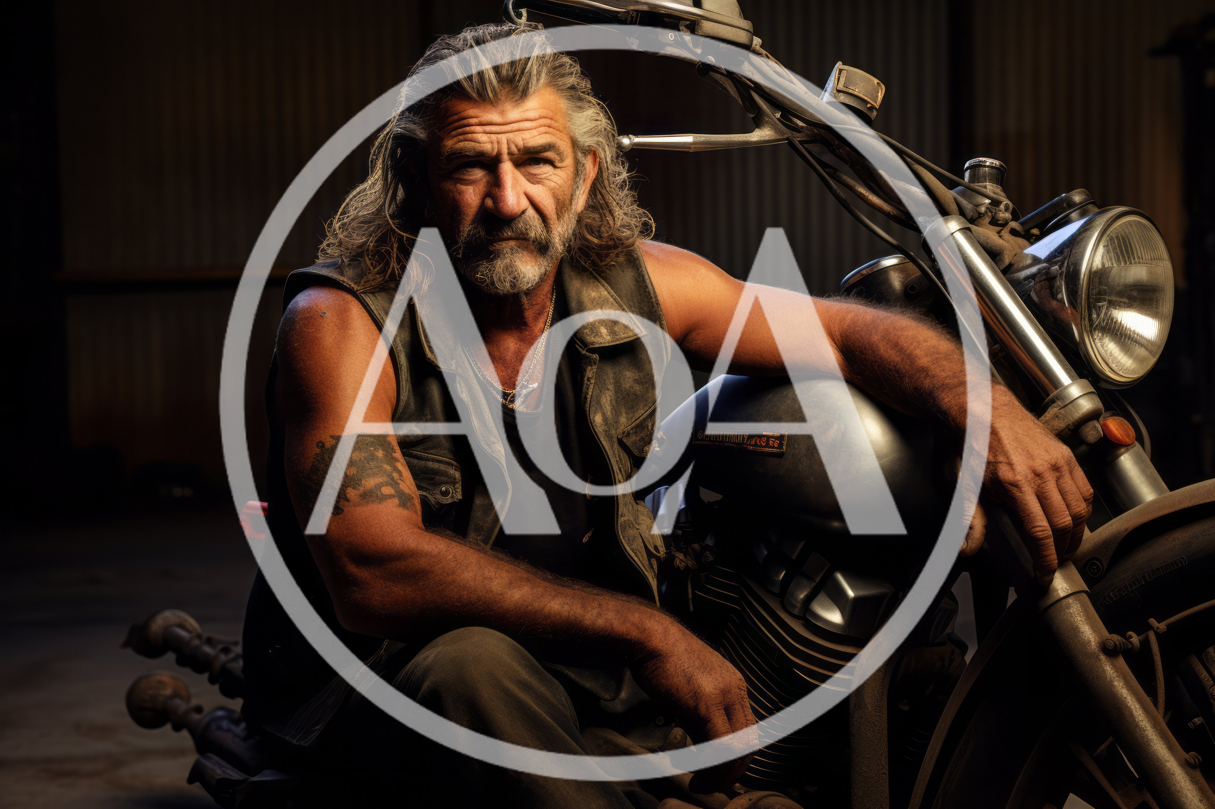 Rugged Biker Man Posing With His Vintage Motorcycle