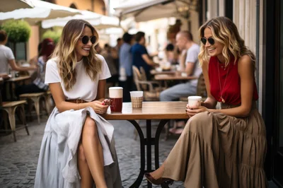 Two Women Enjoying Coffee at an Outdoor Cafe