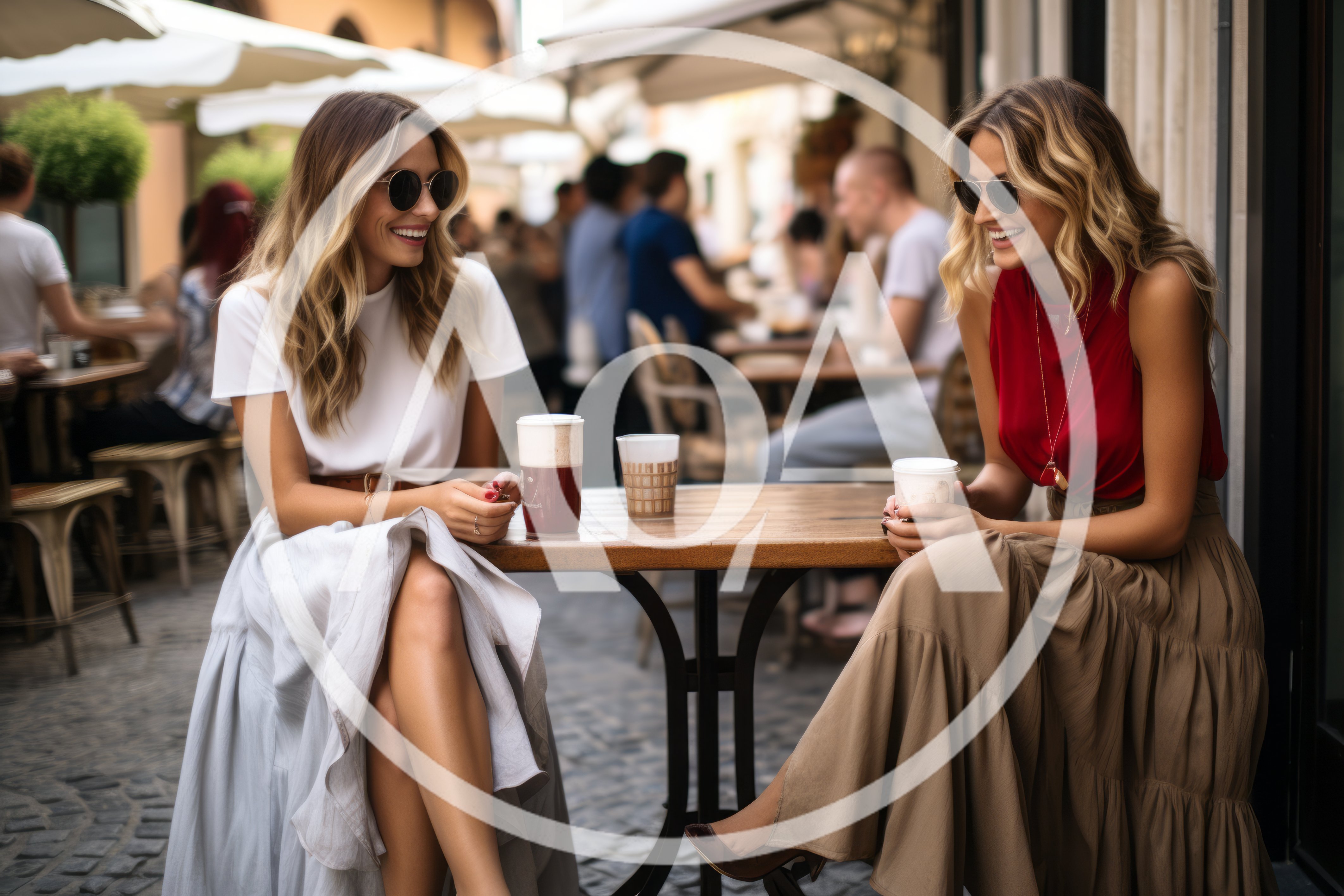Two Women Enjoying Coffee at an Outdoor Cafe
