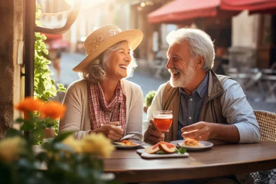 Senior Couple Laughing Together At An Outdoor Cafe