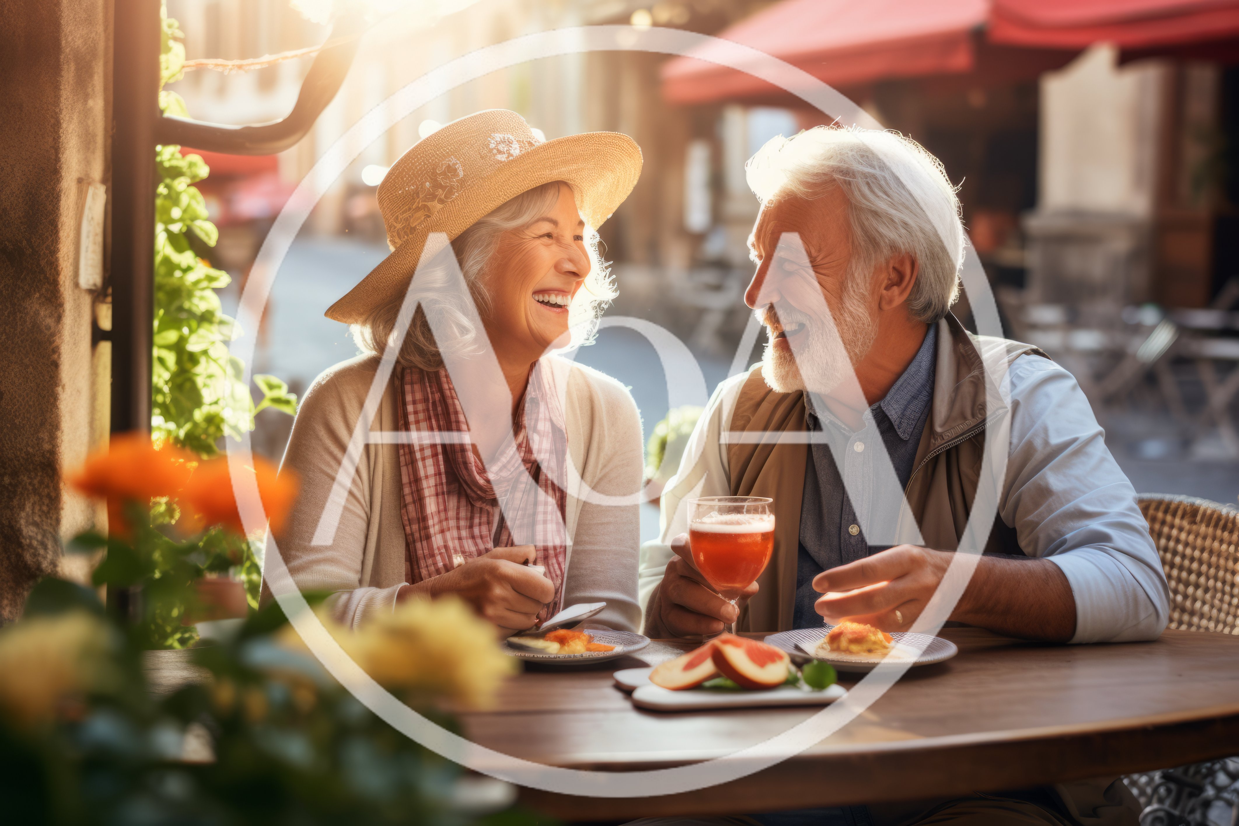 Senior Couple Laughing Together At An Outdoor Cafe