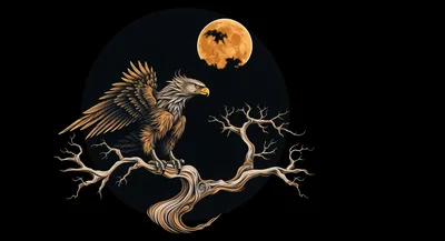 Eagle Perched On A Bare Tree Under Full Moon