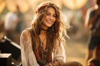 Smiling Young Woman Wearing Boho Style At Music Festival