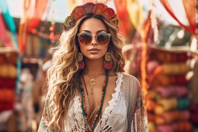 Bohemian Woman Wearing Festival Attire And Sunglasses