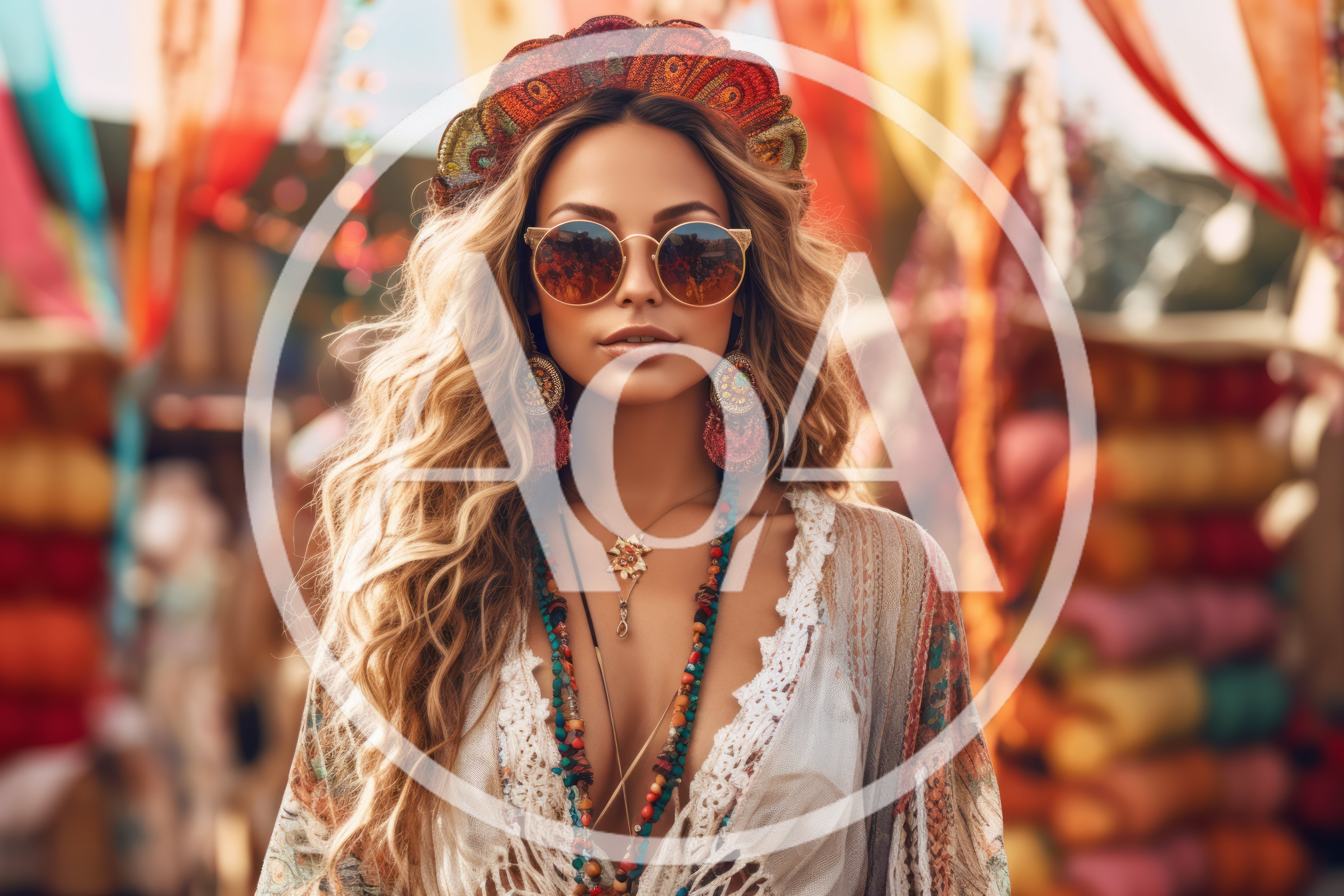 Bohemian Woman Wearing Festival Attire And Sunglasses