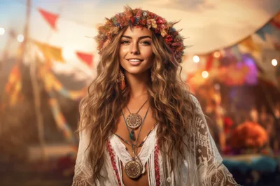 Young Woman Wearing Floral Crown at Music Festival
