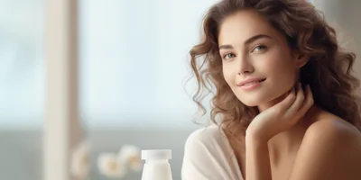 Beautiful Woman With Curly Hair Applying Skincare Product