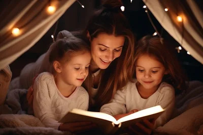 Mother Reading Bedtime Story To Two Daughters