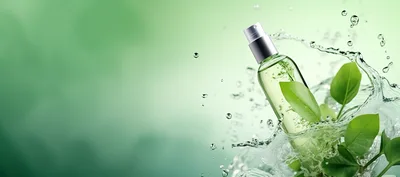 Cosmetic Spray Bottle With Green Leaves And Water Splashes