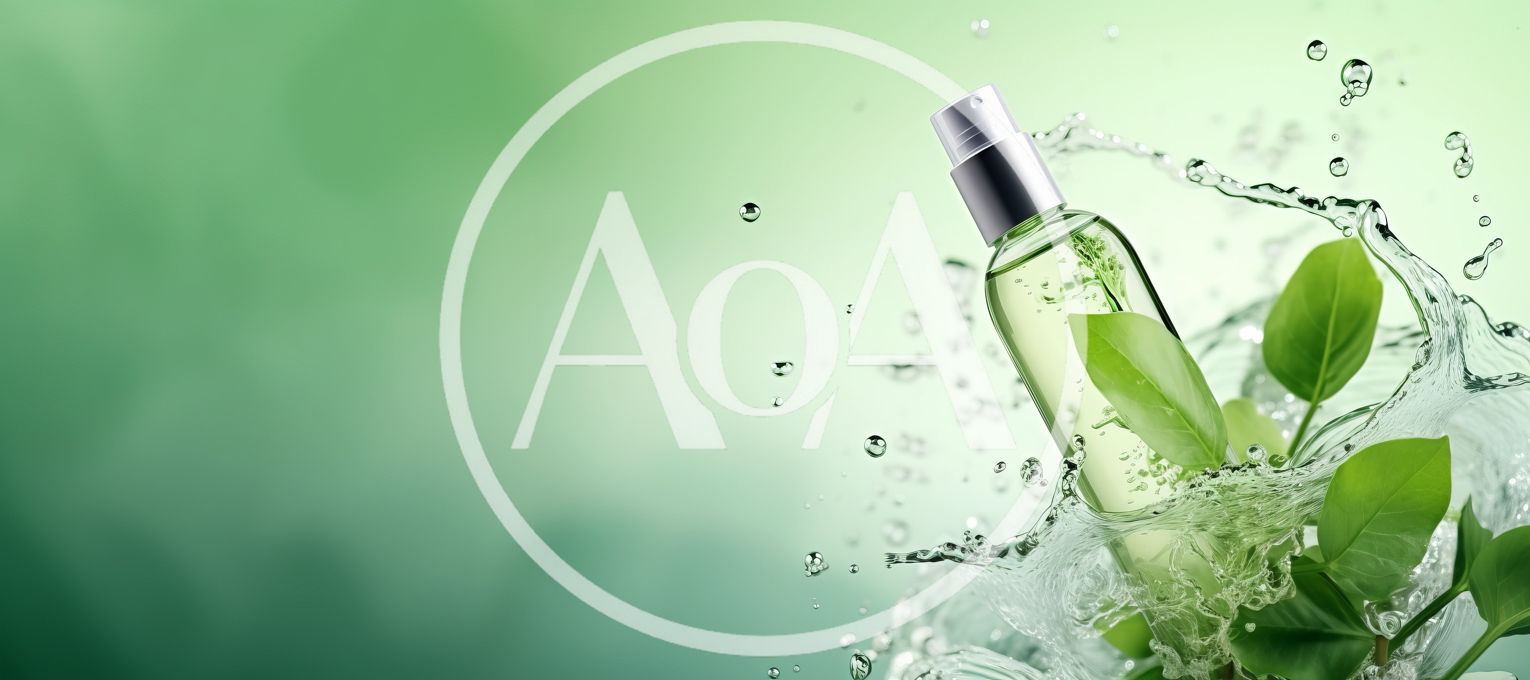 Cosmetic Spray Bottle With Green Leaves And Water Splashes