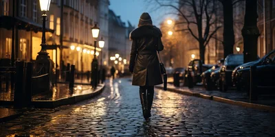 Woman Walking Down A Cobblestone Street At Night