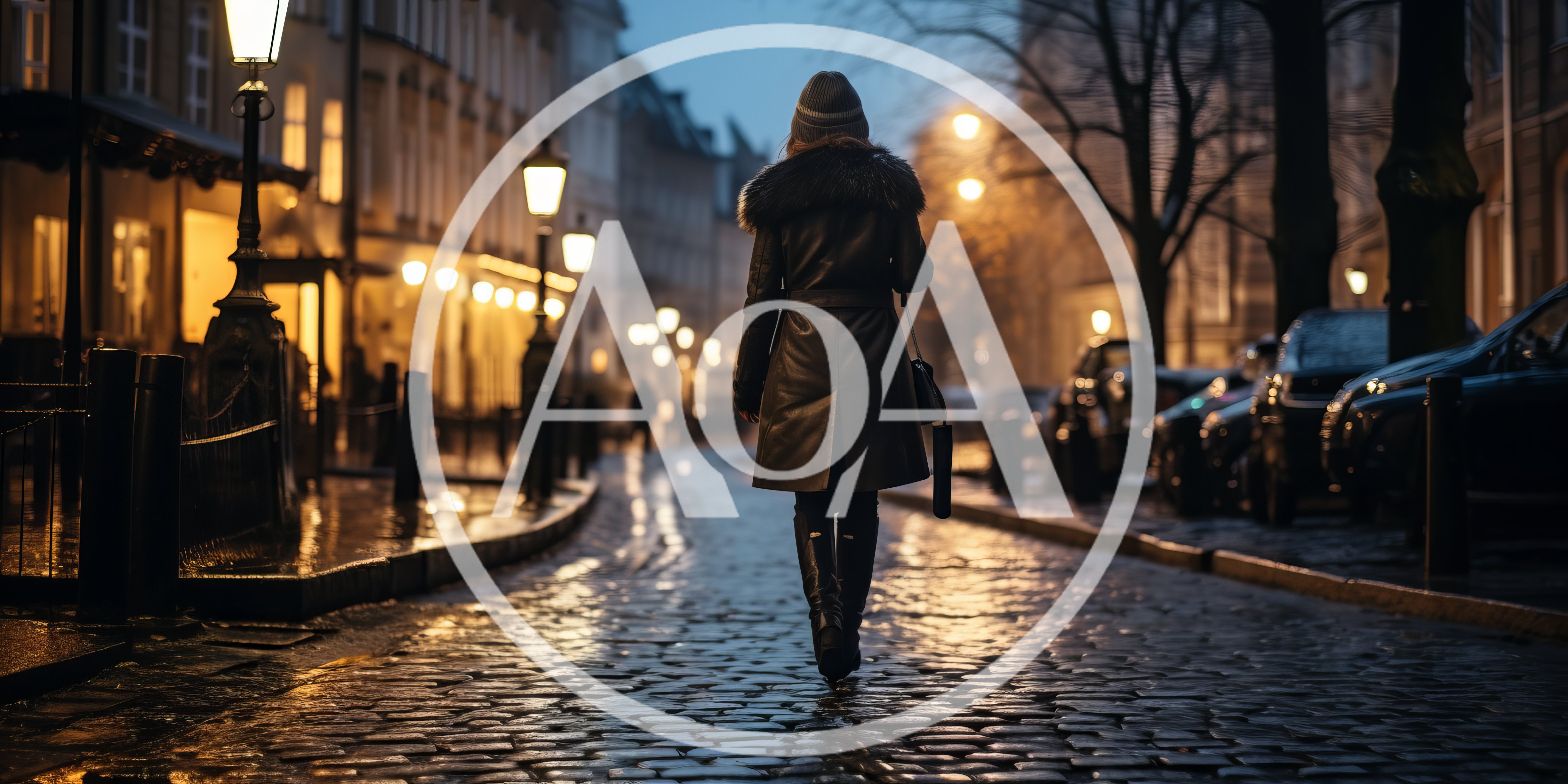 Woman Walking Down A Cobblestone Street At Night