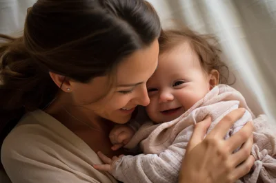 Mother Cuddling Her Smiling Baby Daughter