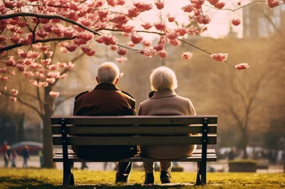 Elderly Couple Sitting Together On A Park Bench