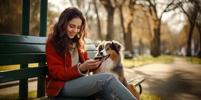 Young Woman Using Smartphone With Dog On Park Bench