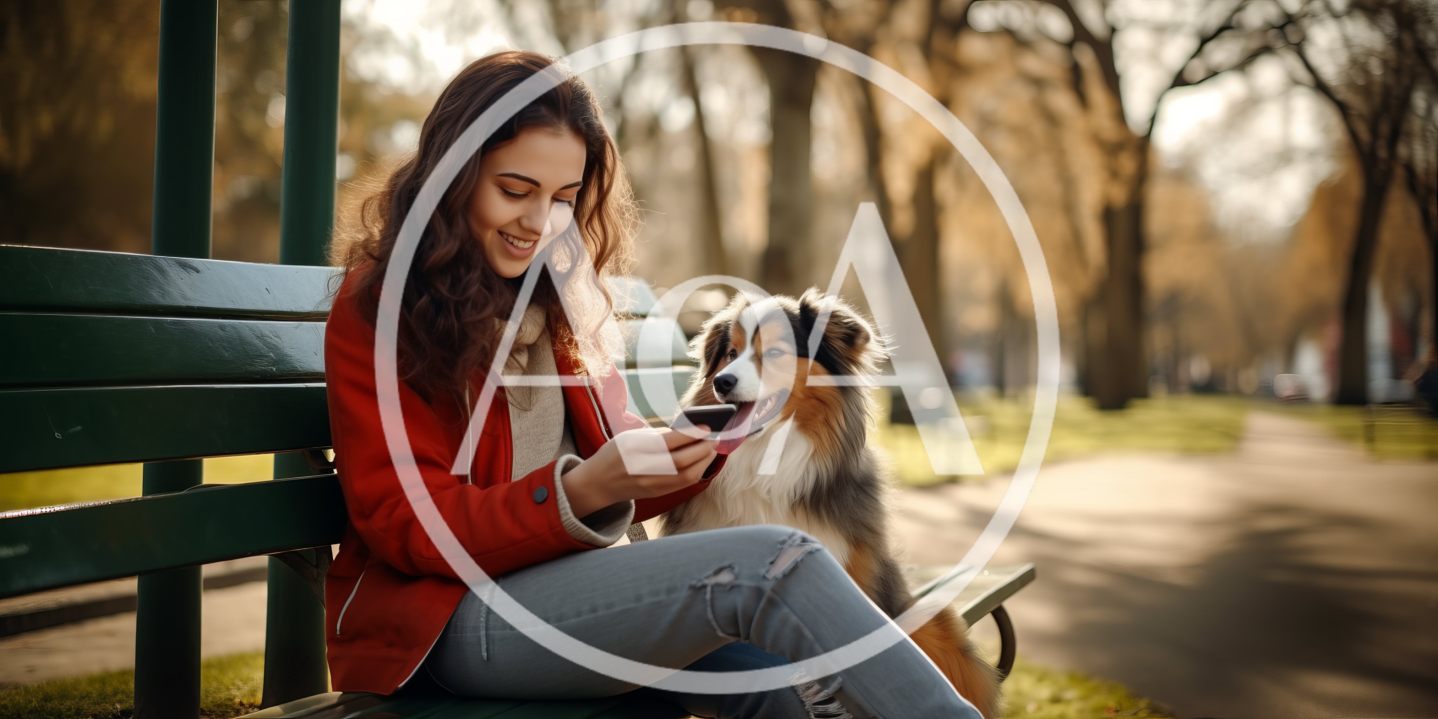 Young Woman Using Smartphone With Dog On Park Bench
