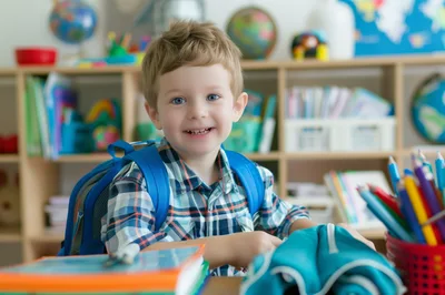 Young Boy With Backpack Sitting At School Desk