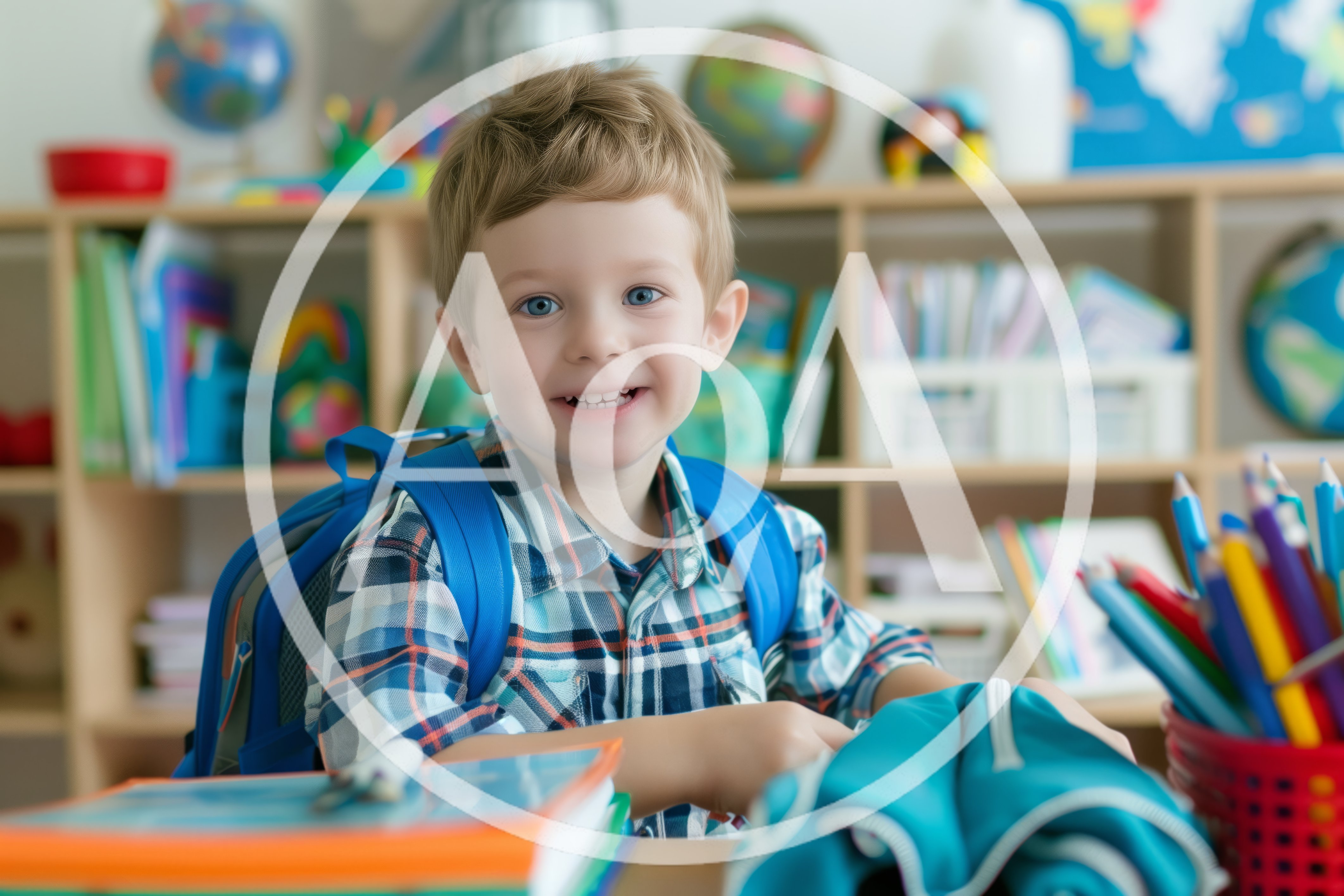 Young Boy With Backpack Sitting At School Desk